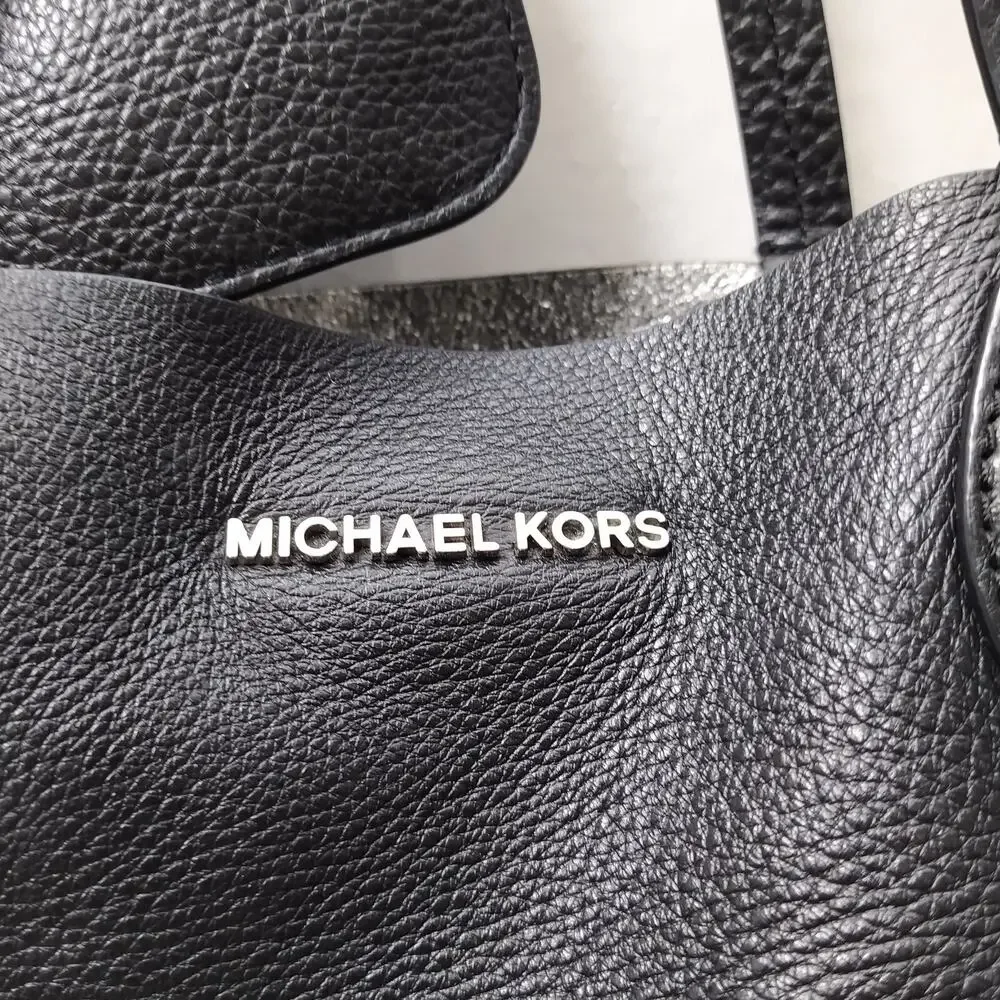 Michael Kors Mae Black Soft Leather Reversible Tote Shoulder Bag W/ Wallet
